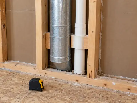 A metal duct and a pipe sleeve meeting in the same stud bay, a made-up photo