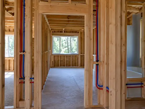 Water supply lines run through drilled studs beside a doorway header, a made-up photo